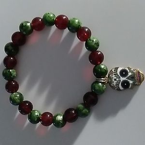 Green Spot Jasper & Red bracelet with Halloween skull charm